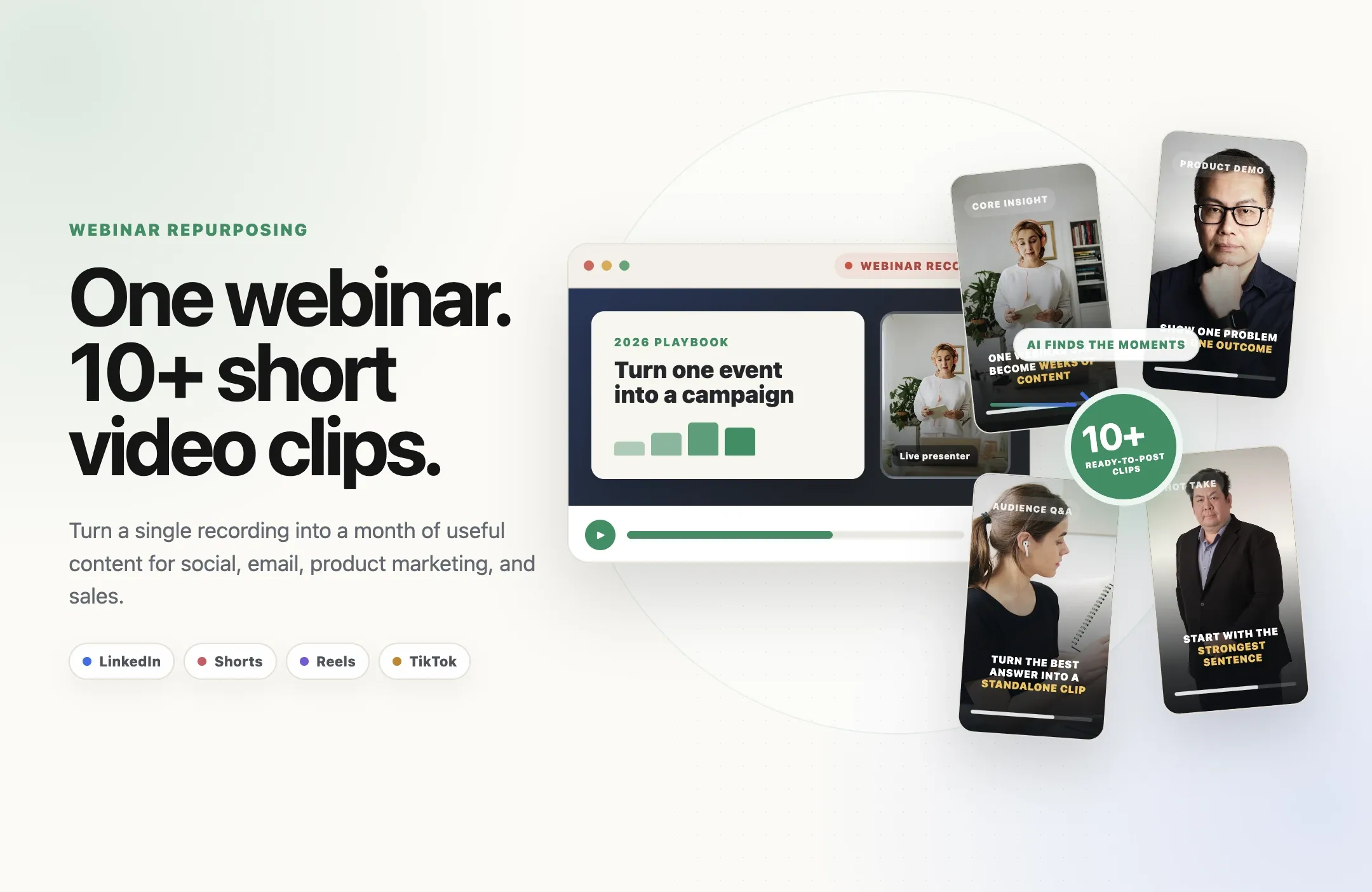 A webinar recording being repurposed into ten captioned short video clips for LinkedIn, YouTube Shorts, Instagram Reels, and TikTok using Reap